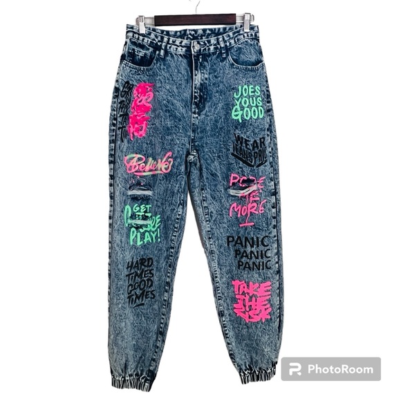 Shevadne Acid Washed Denim Jeans Graffiti Elastic Hi Rise 80's Style Womens L - Picture 1 of 14